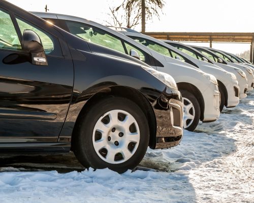 Parked Cars on a Lot. Row of New Cars on the Car Dealer Parking Lot. Cars for Sale Market Theme.